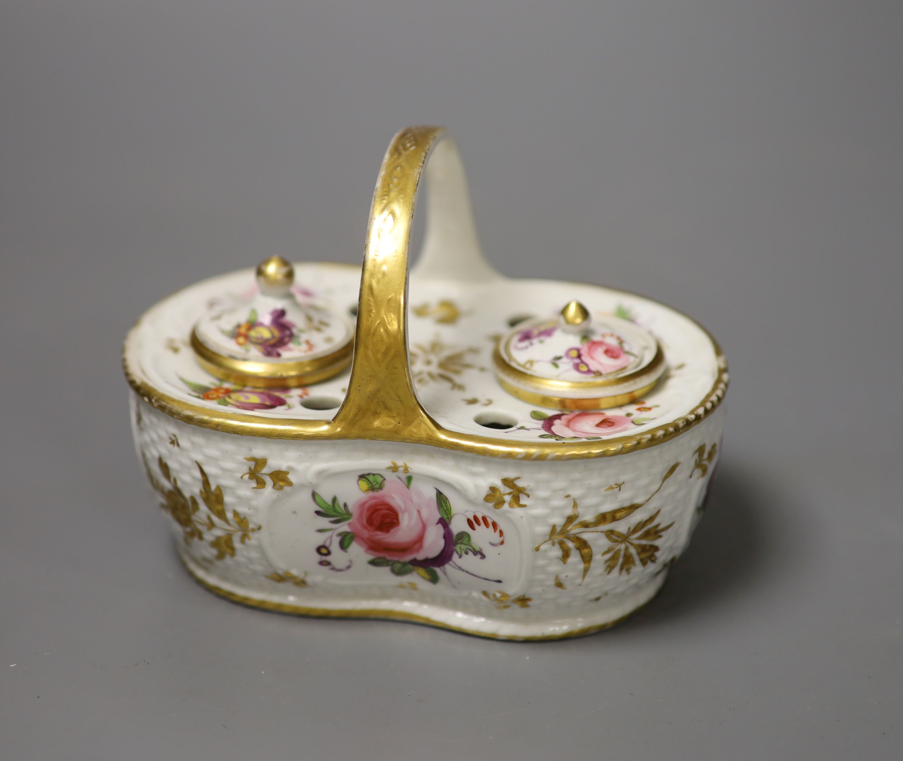 A Spode inkstand in the form of a basket with weave moulding having two ink pots and cover,